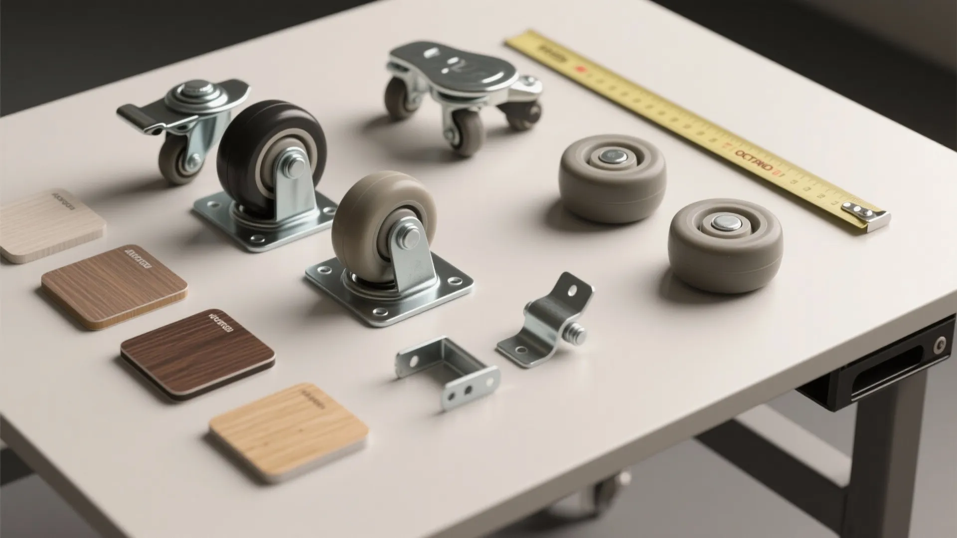 Table hardware parts including small wheels metal brackets wood samples and a yellow measuring tape