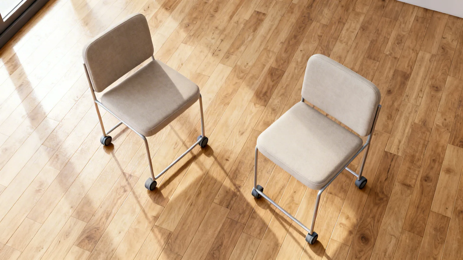 Two beige chairs with wheels on a light wood floor seen from a high angle view