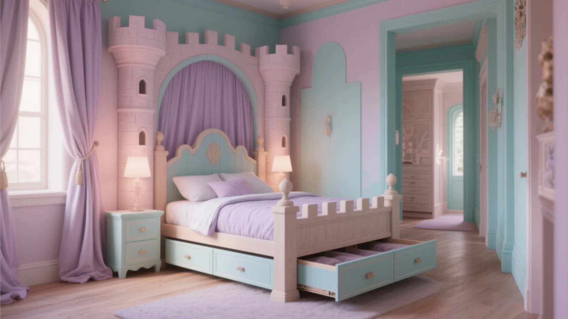 Children bedroom featuring a castle style bed with storage drawers in pastel pink and blue