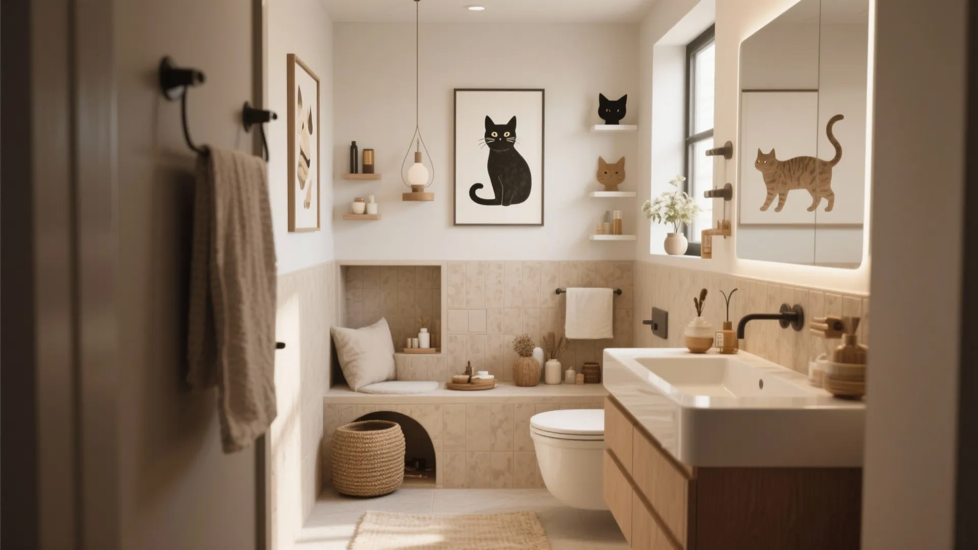 Modern bathroom interior featuring cat themed wall art, white toilet, wooden cabinet, and neutral colors