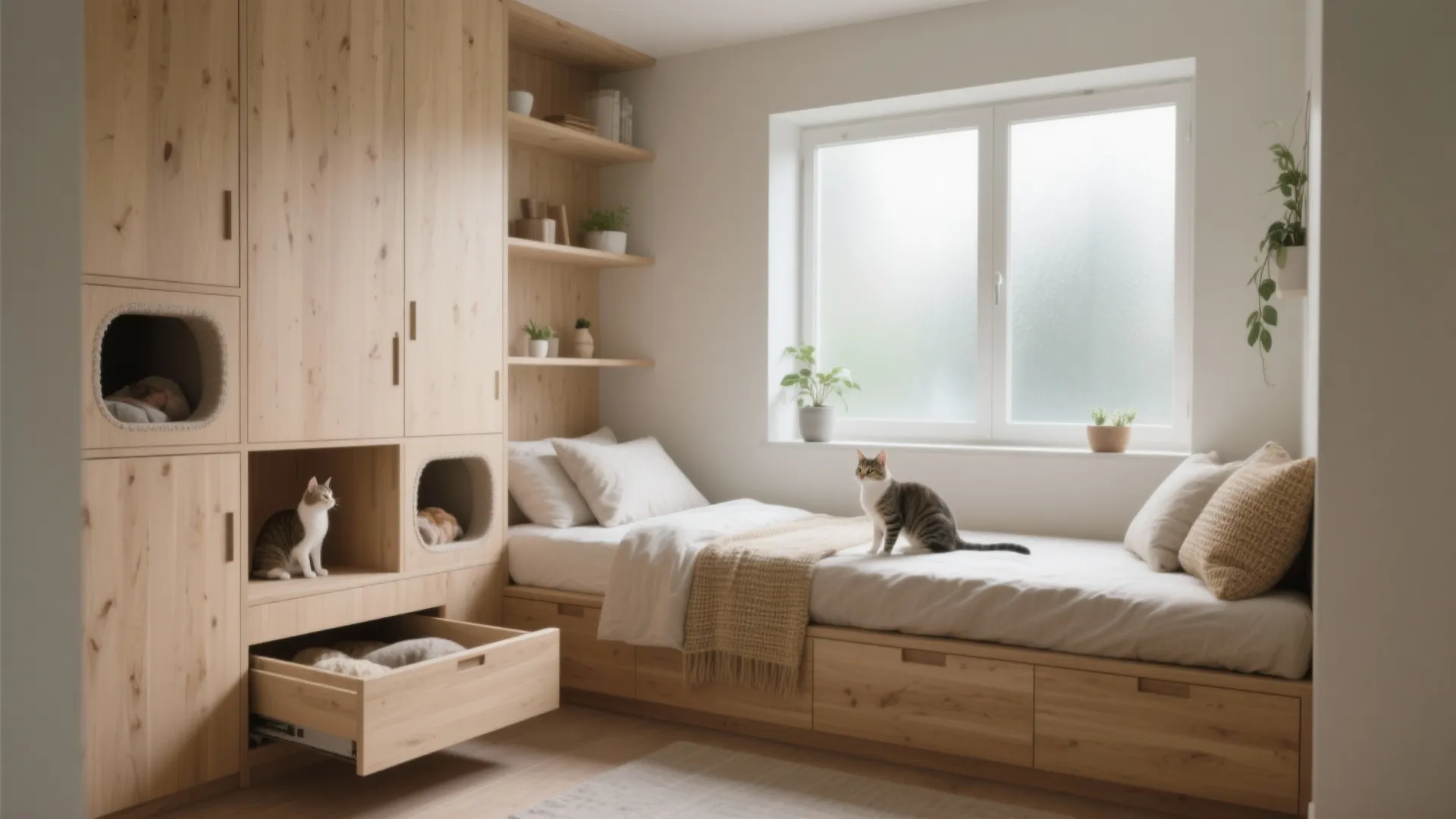 Wooden cabinet with cat houses beside a bed having storage drawers and a cat sitting