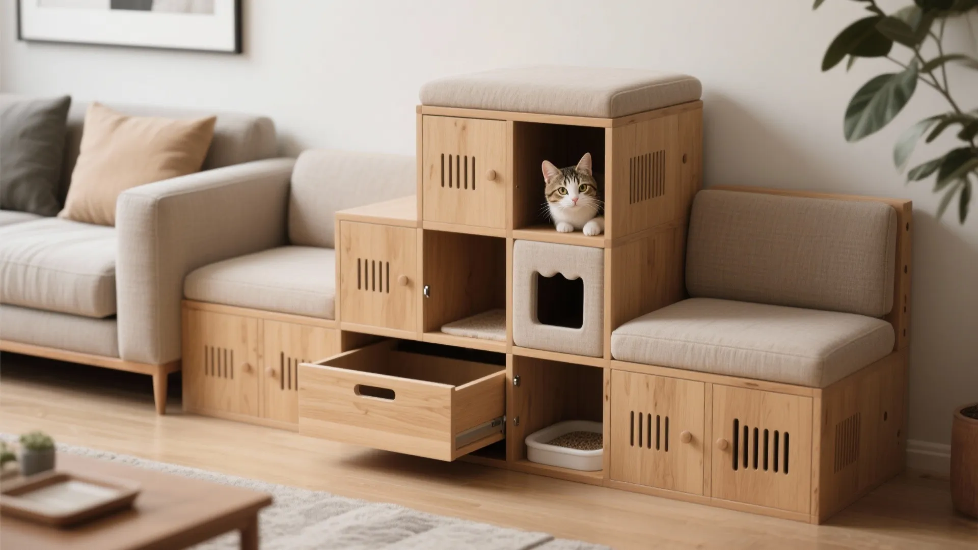 Modular wooden cat furniture with storage drawers cushions and cat peeking out of a hole