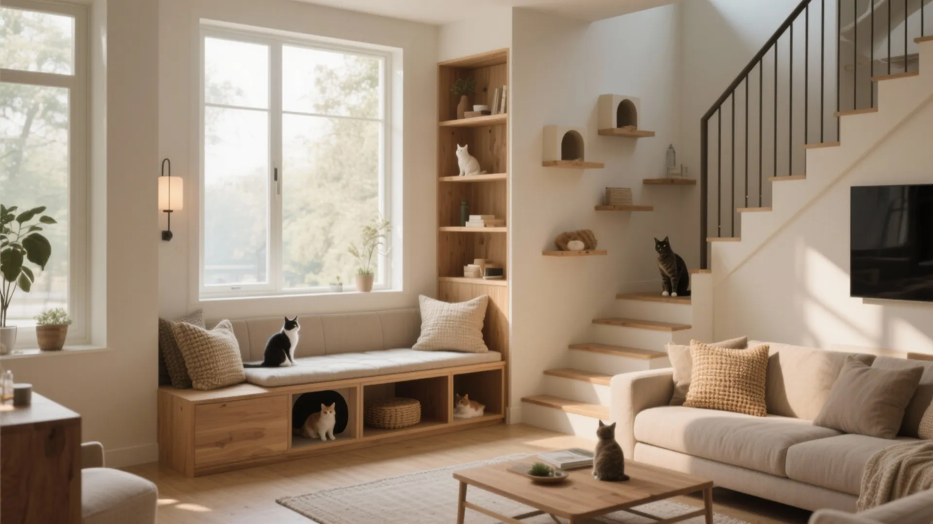 Modern pet friendly living room with wall mounted cat shelves stairs sofa and natural light