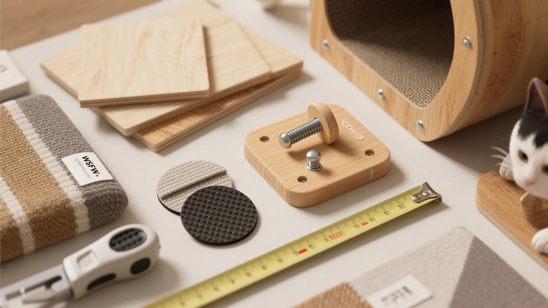 Flatlay of materials and tools for building small-space cat furniture: plywood, anchors, pads, UV fabric, and a tape measure.