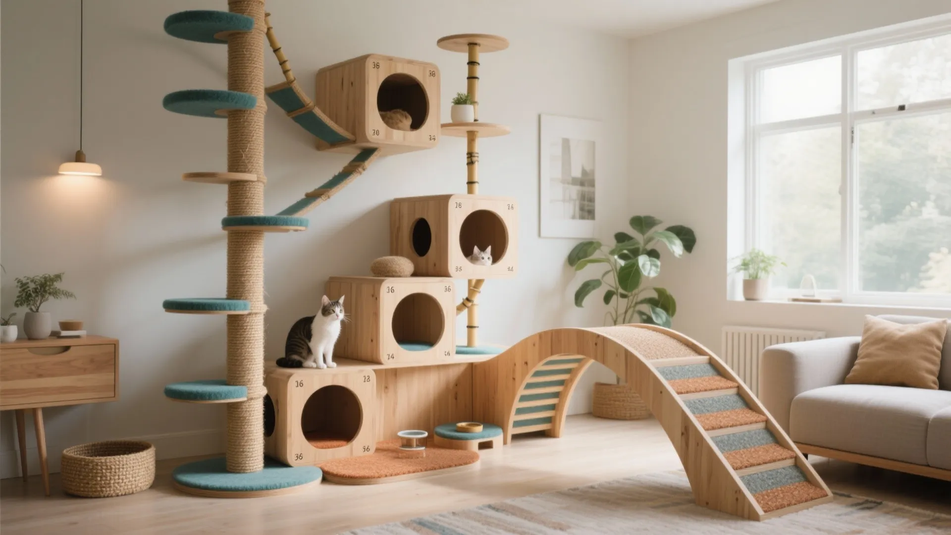 Modern living room with wooden cat furniture house including climbing tree bridge and sofa seat