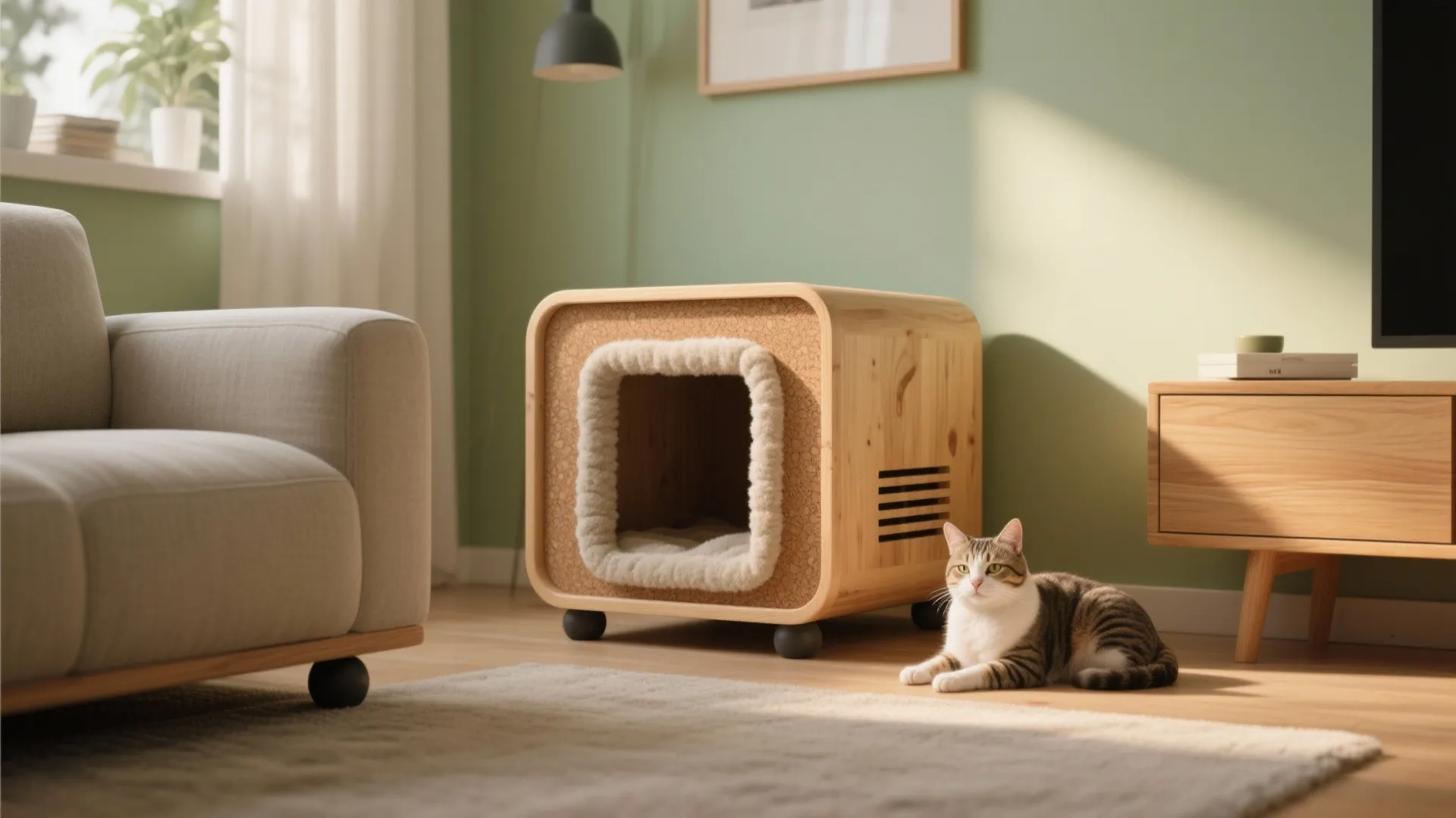 Modern wooden cat house in living room with a cat lying on the floor beside