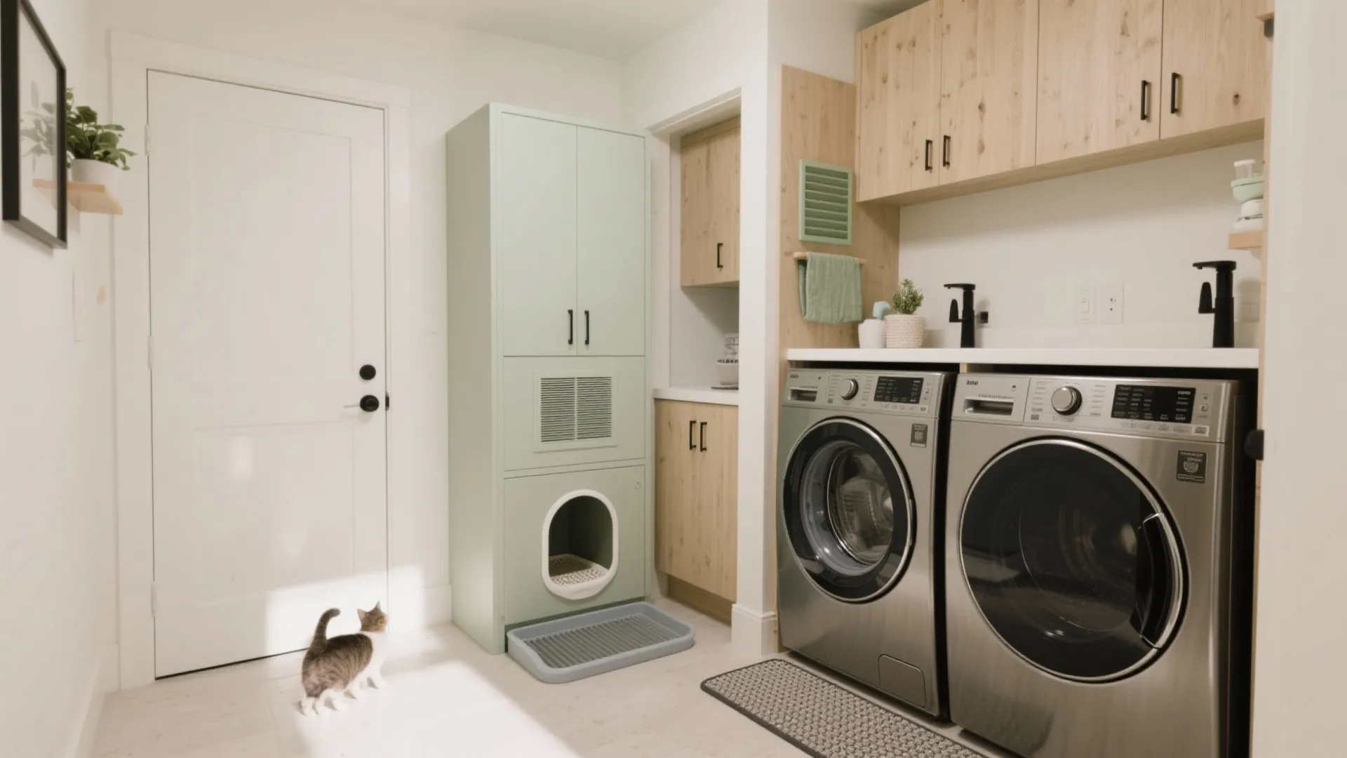 Modern laundry room featuring two washing machines green cat cabinet wooden cupboards and small cat