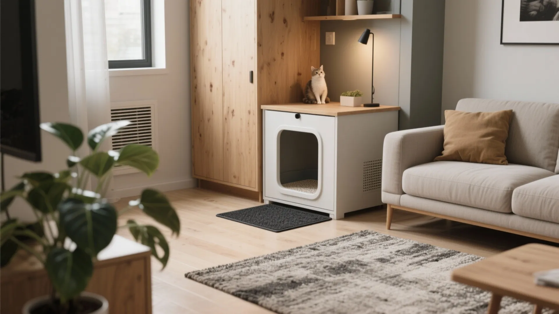 White cat looking at an enclosed cat litter box near a white bookshelf and window