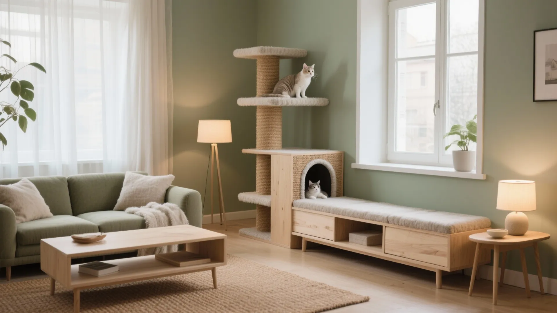 Modern green living room with wood furniture tall cat tree two cats and floor lamp