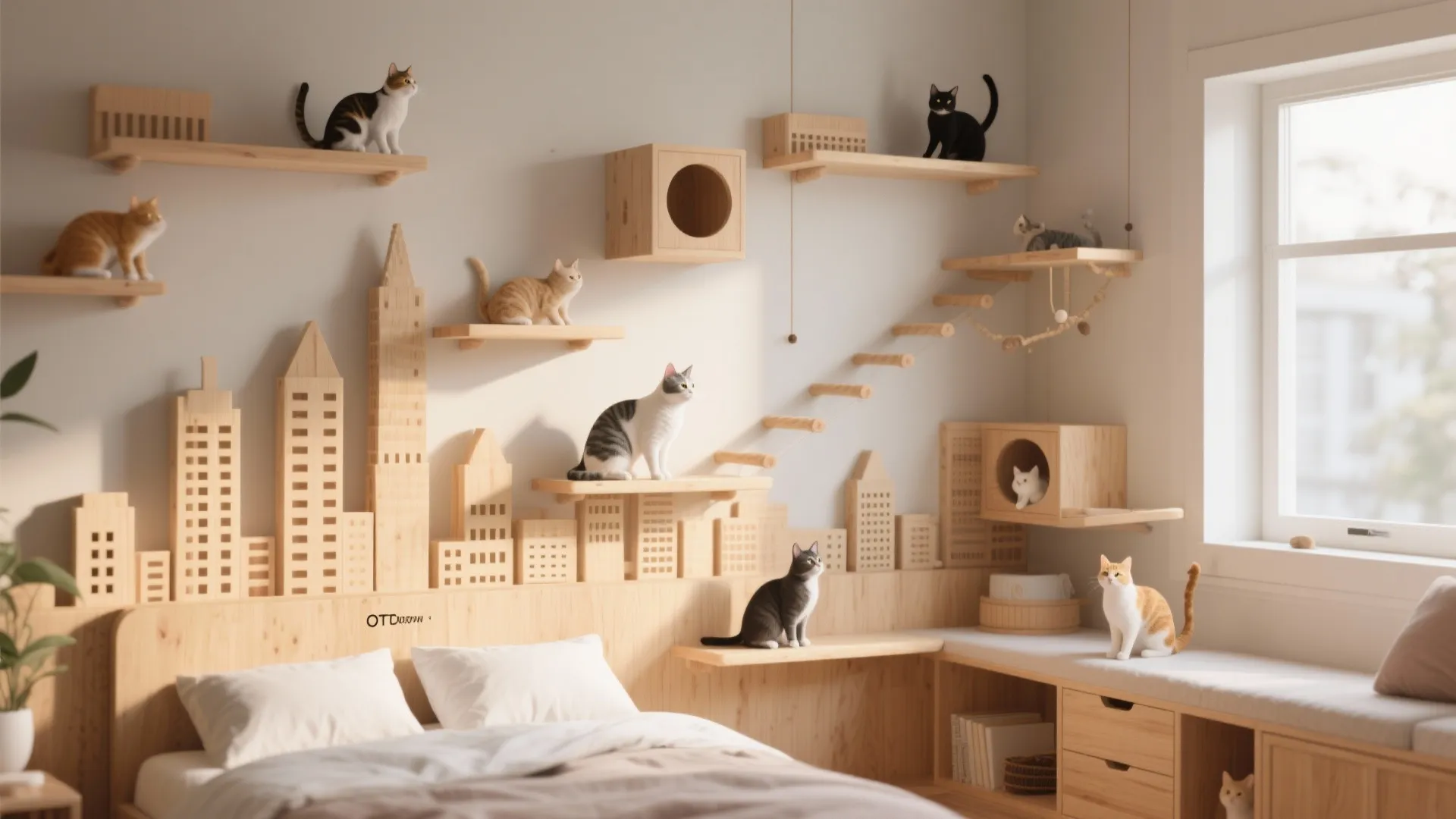 Cat bedroom wall with staggered shelves for vertical play