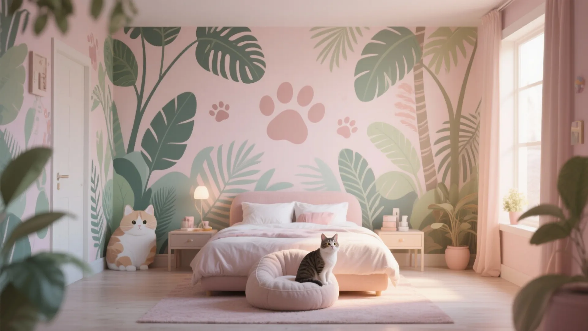 Pastel jungle wall mural in cozy cat bedroom