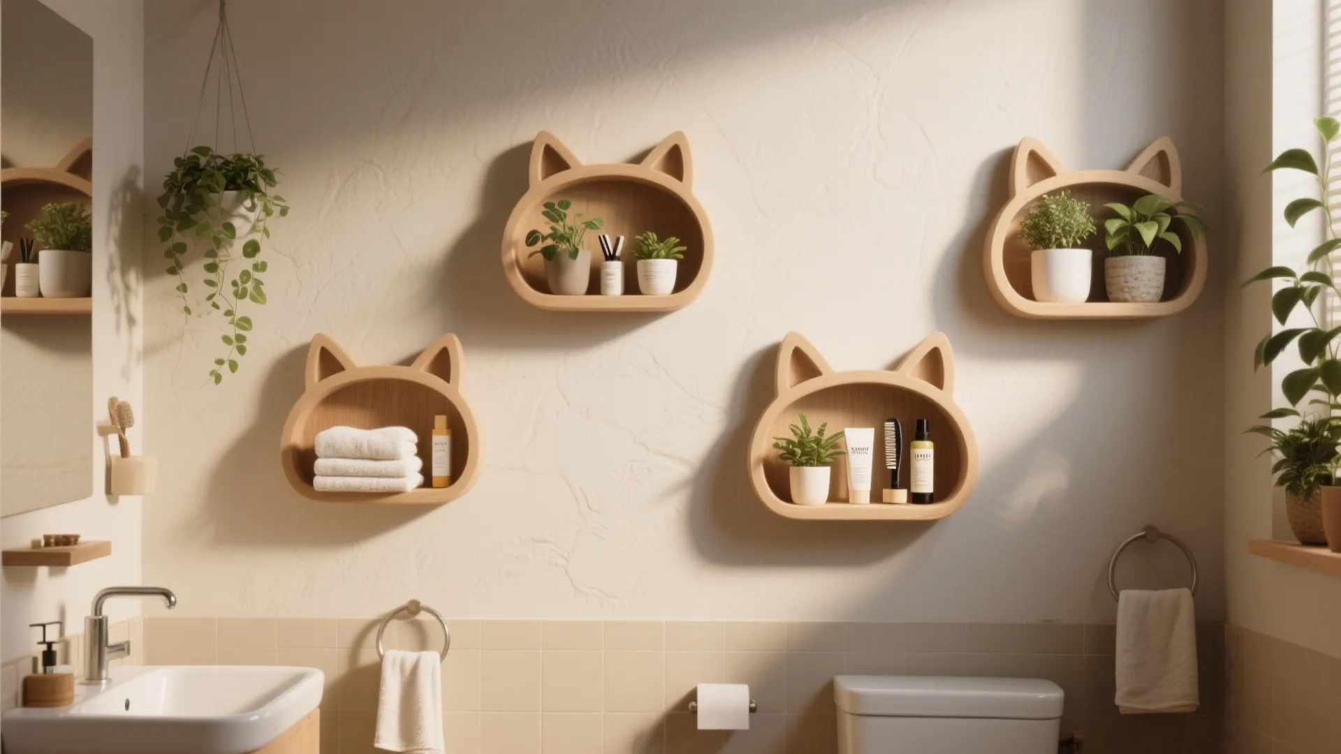 Four cat shaped wooden wall shelves holding plants and bathroom supplies above a white toilet