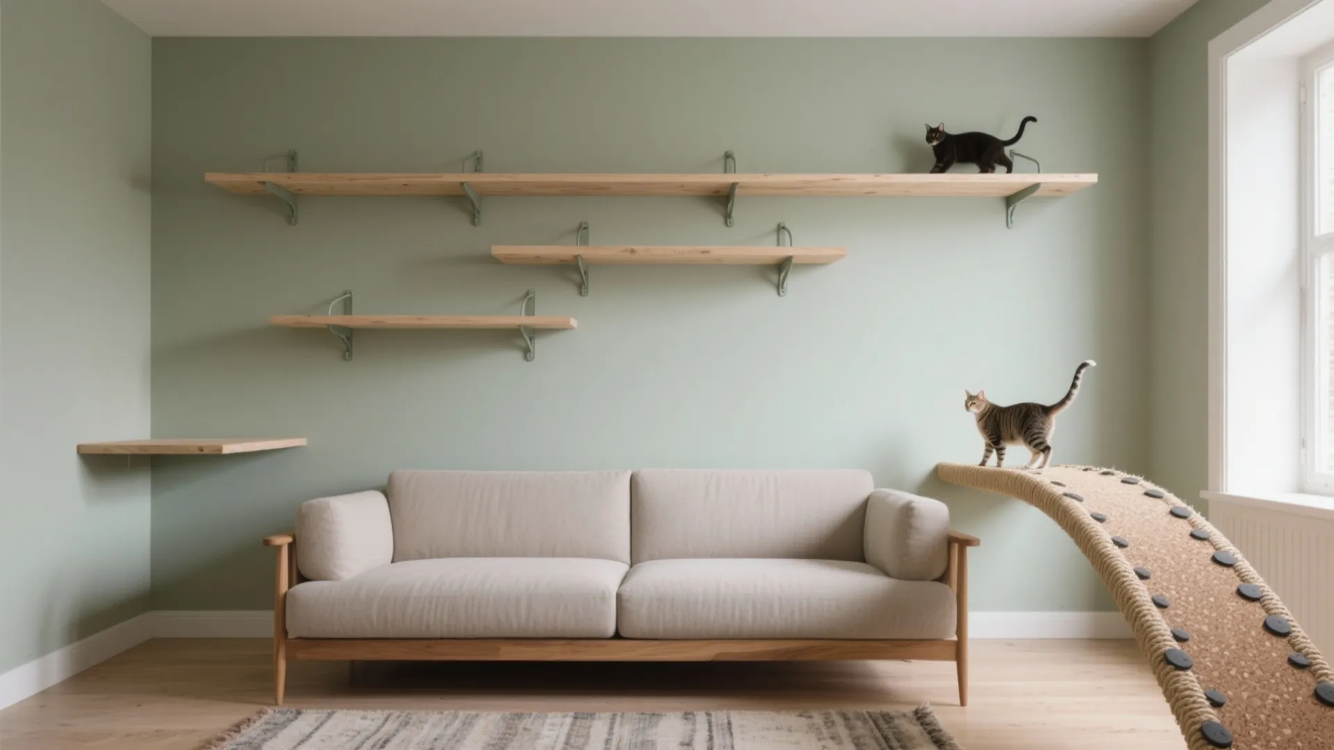 Floating birch cat shelves and a sisal bridge over a sofa create a vertical highway on a muted sage wall.