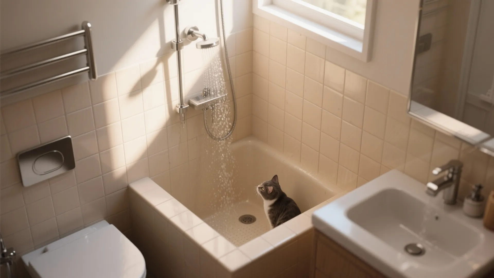 2. Built-in Cat Shower Corner