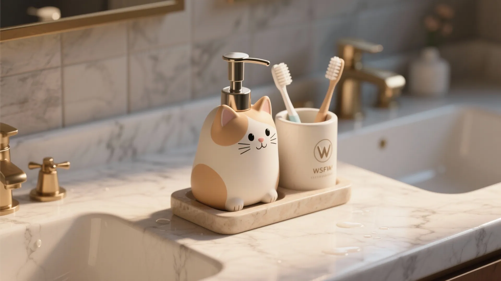 Cat shaped soap dispenser and toothbrush holder on a marble sink counter in a bathroom