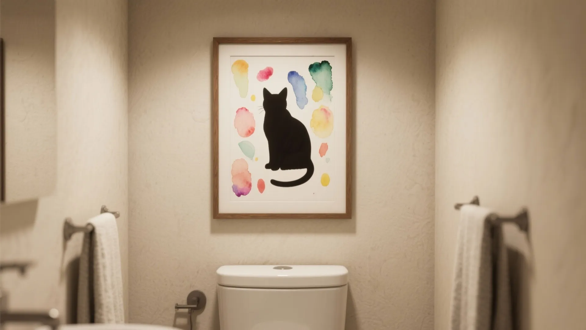 Bathroom wall with colorful cat art framed picture above white toilet between two white towels
