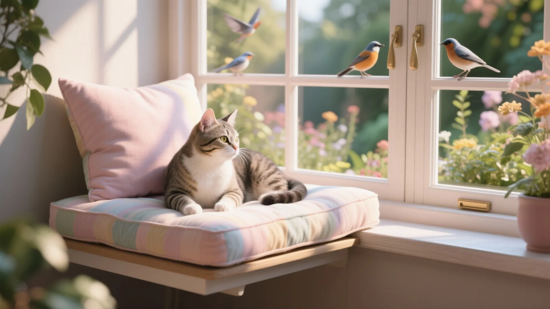 Cushioned cat perch by a sunny window overlooking a garden