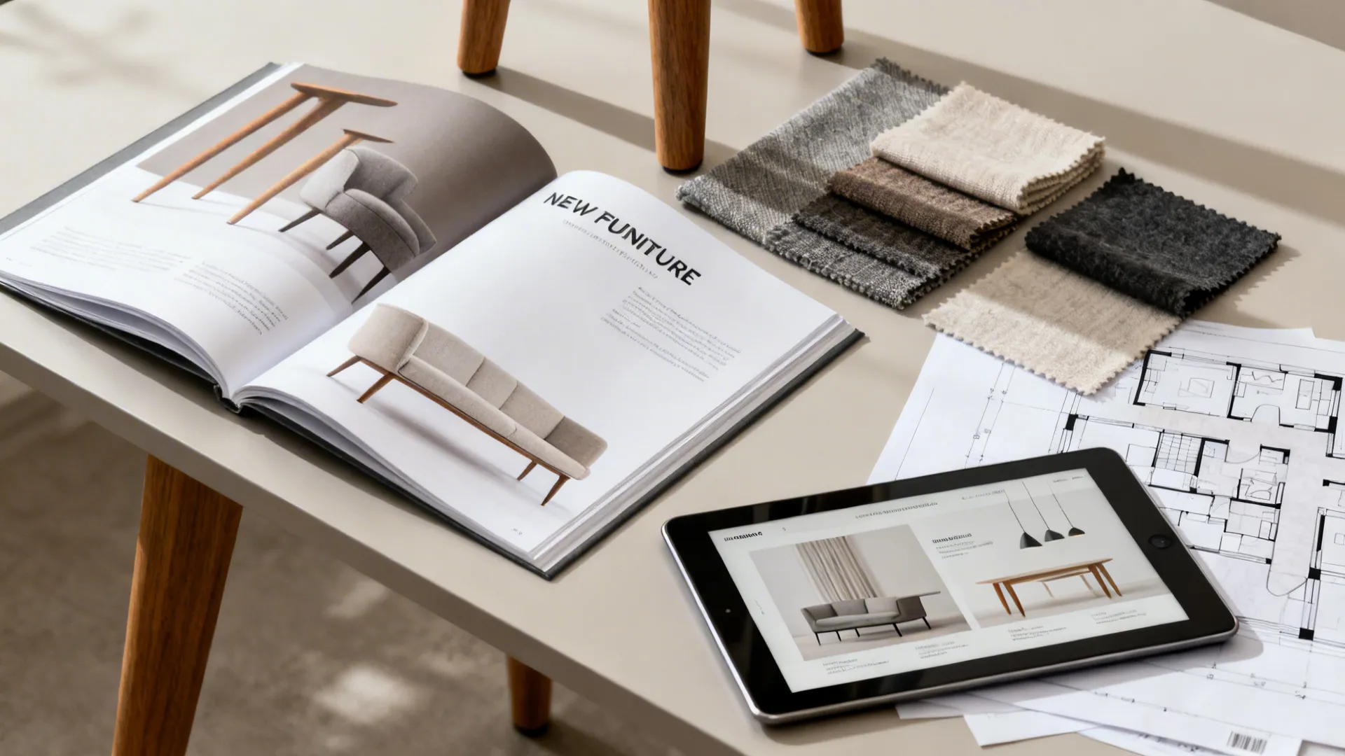 Flatlay of furniture catalog, fabric swatches, and floor plans for new collection launch
