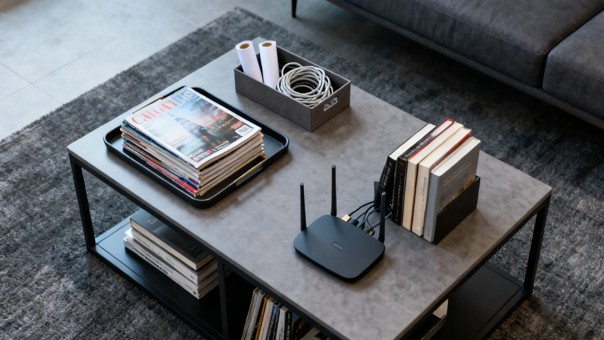 Top-down view showing magazines, cables, and tech neatly organized by category on a table.