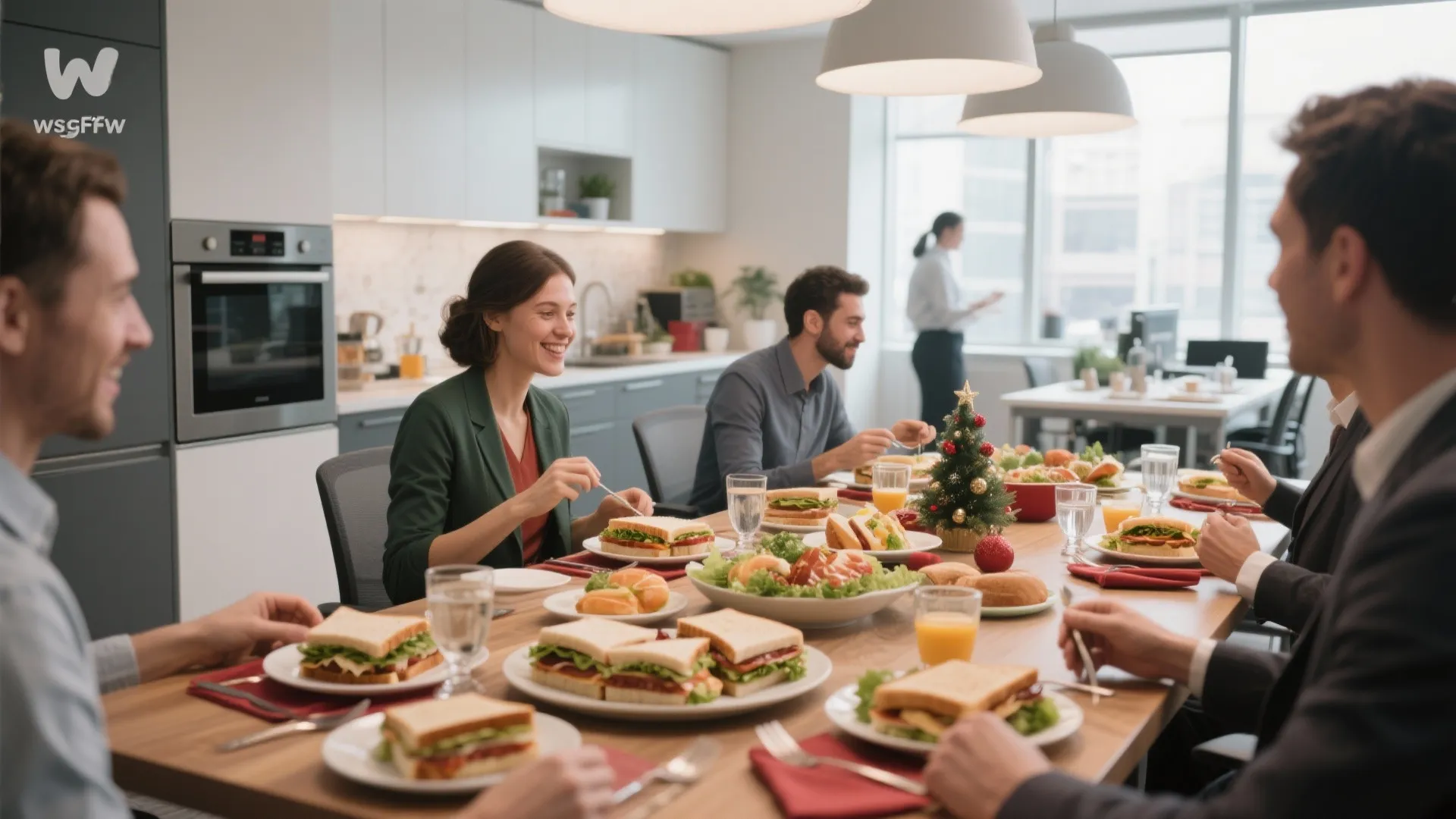 Office coworkers sharing a catered lunch with sandwiches at a wooden table during Christmas season
