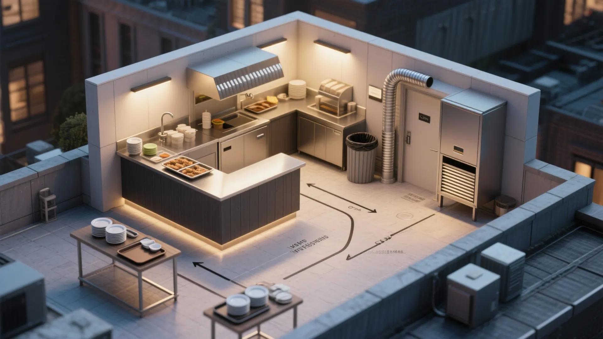 Modern rooftop kitchen layout with stainless steel cabinets and black arrows showing the food workflow