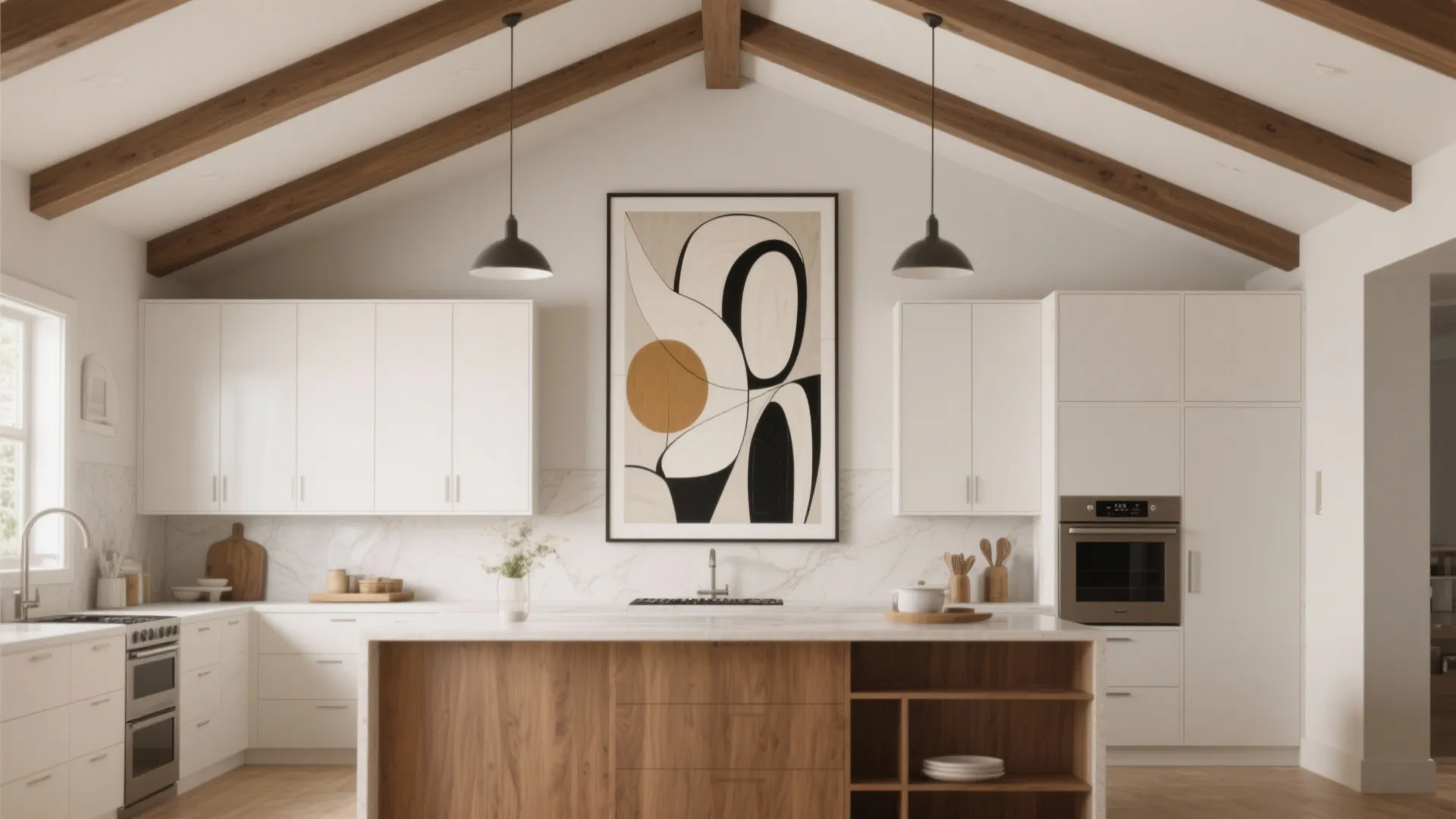 Large modern art above cabinets in tall kitchen wall