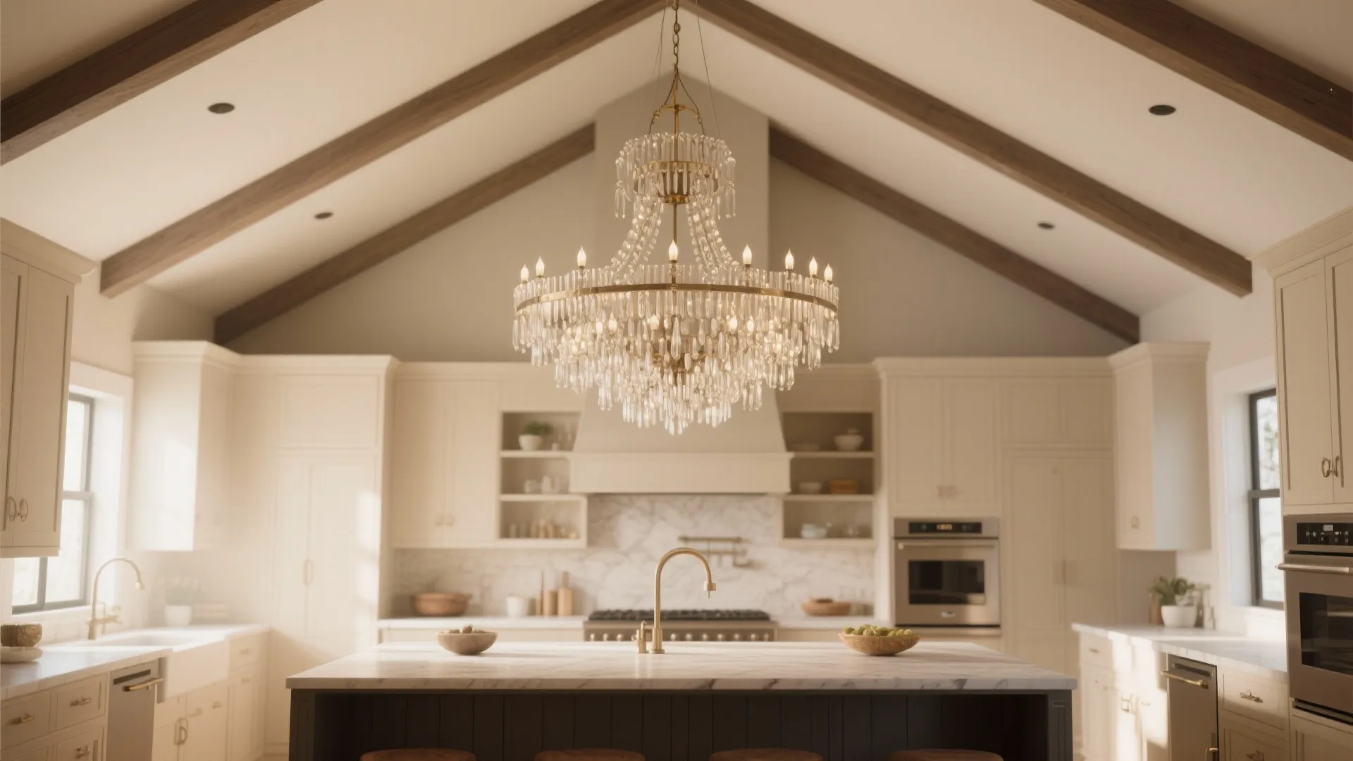 Oversized pendant lights in a cathedral ceiling kitchen