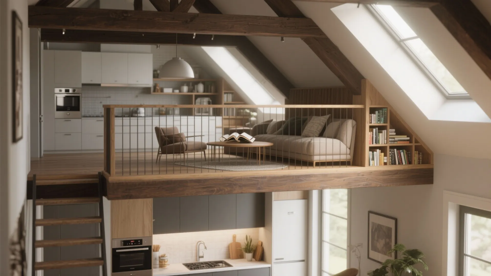Loft mezzanine above a cathedral ceiling kitchen
