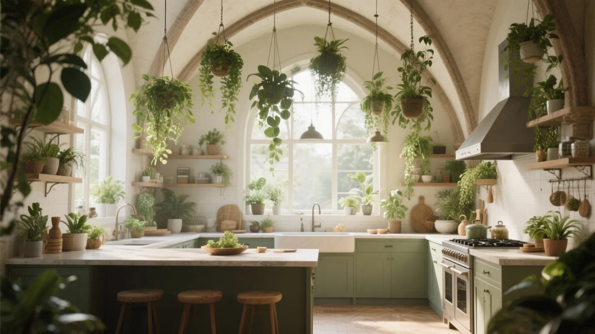 Cathedral kitchen with hanging greenery creating a fresh vibe