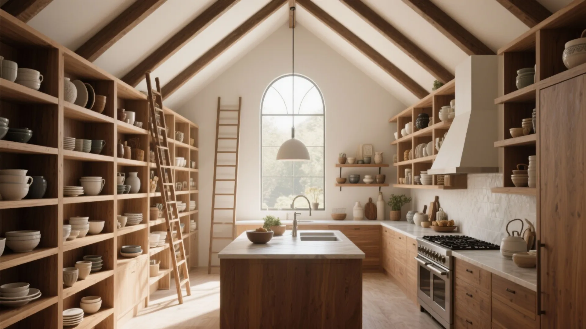 Open shelves reaching up cathedral kitchen walls