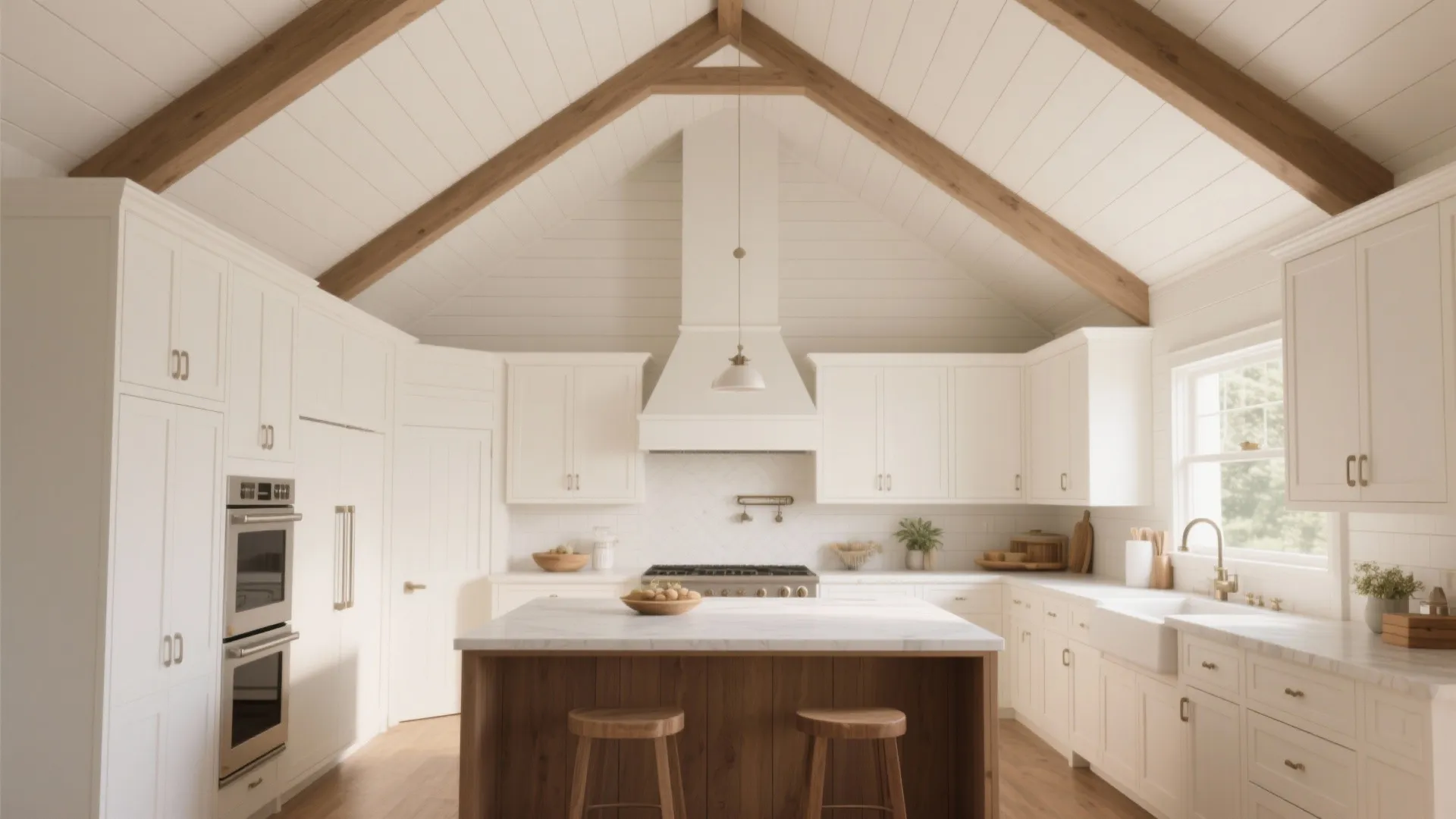 Cathedral kitchen with vertical shiplap walls matching cabinets