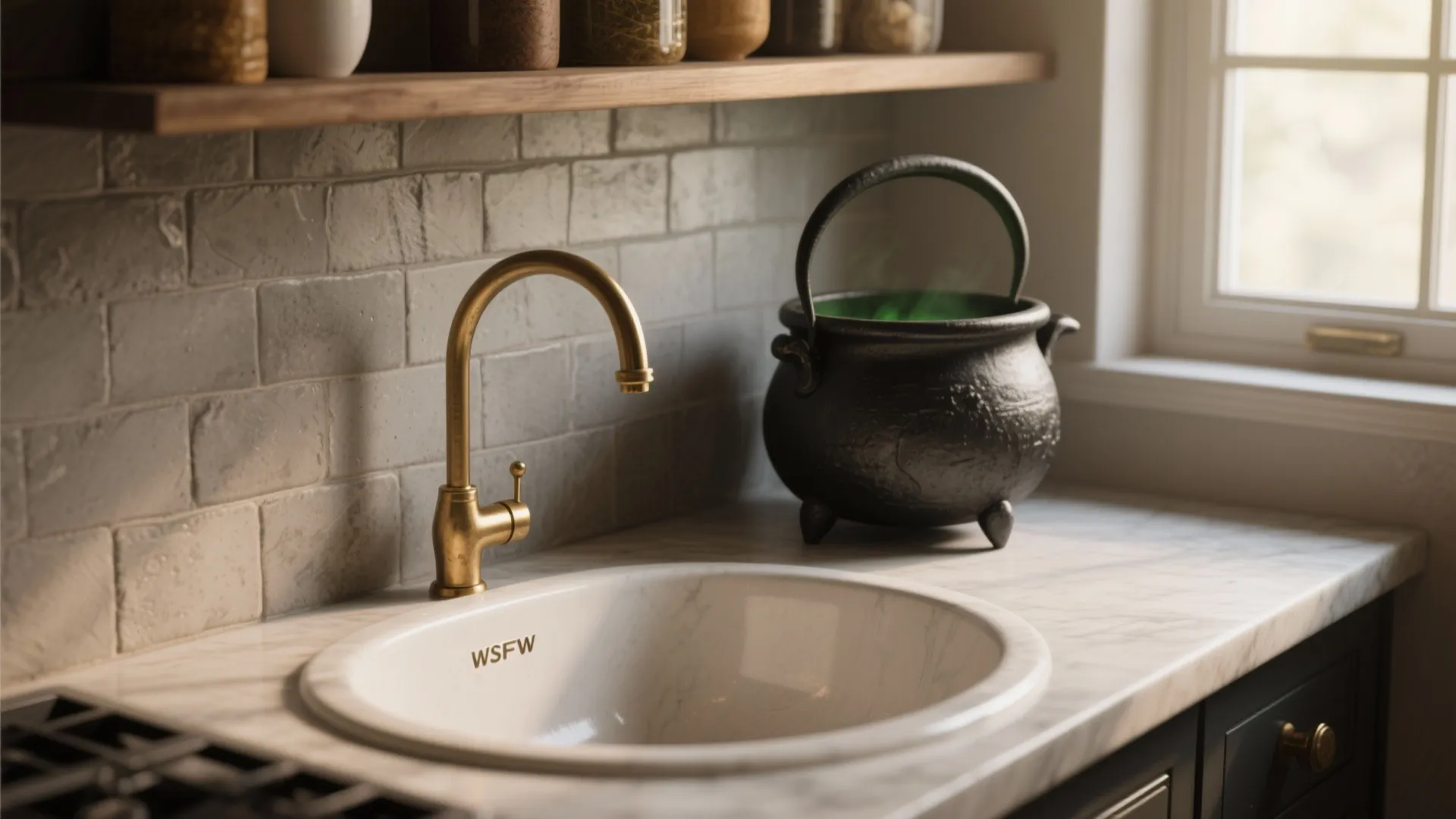 Marble countertop with a round white sink, gold faucet, and a black pot near windows
