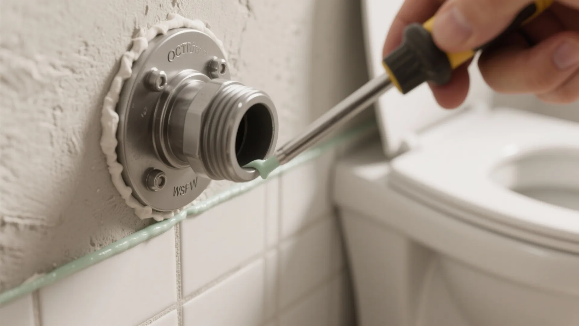 Hand using a tool to apply sealant around a metal water pipe on white tiled wall