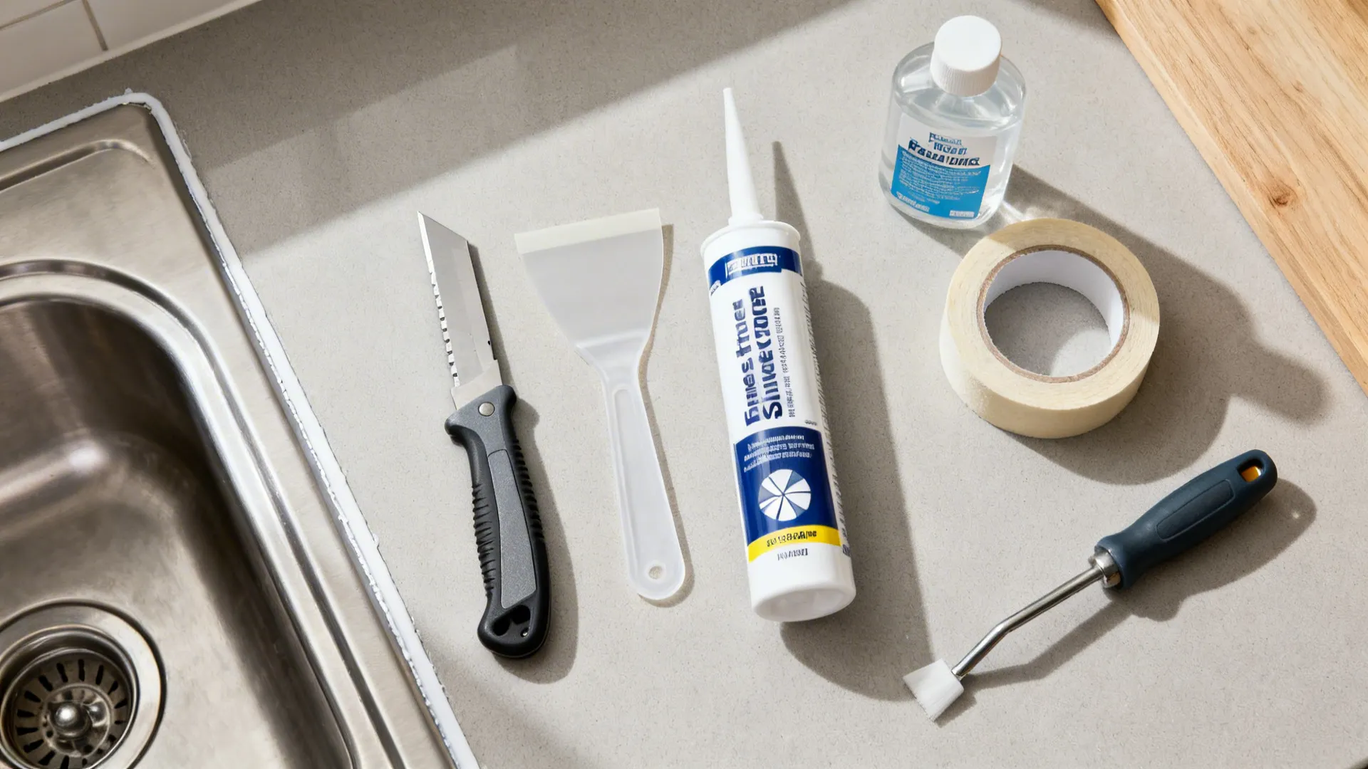 Top-down flat lay of sink recaulking tools on a neutral surface for a small kitchen.