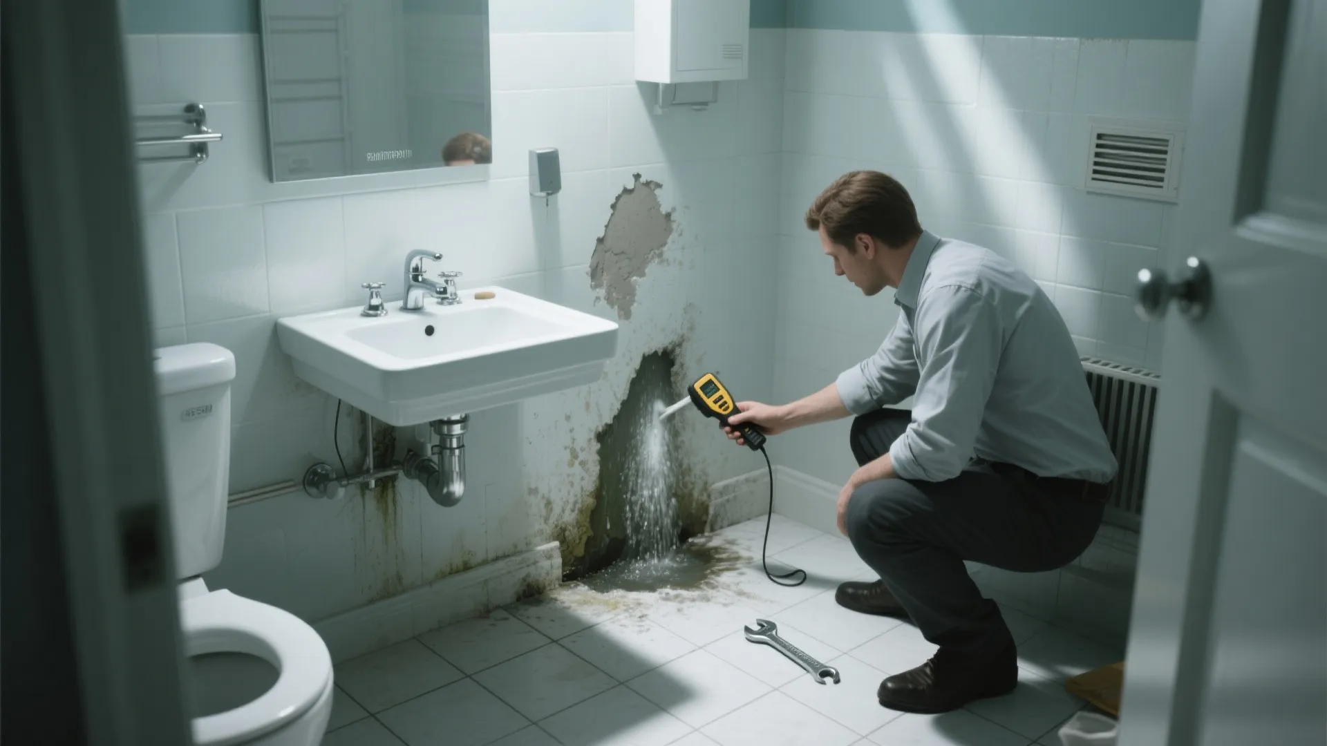 A man using a handheld tool to inspect a water leak on a bathroom wall