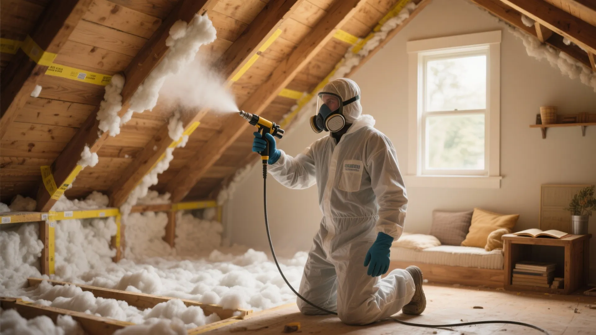 Person in white protective suit spraying foam insulation onto wooden roof beams in an attic