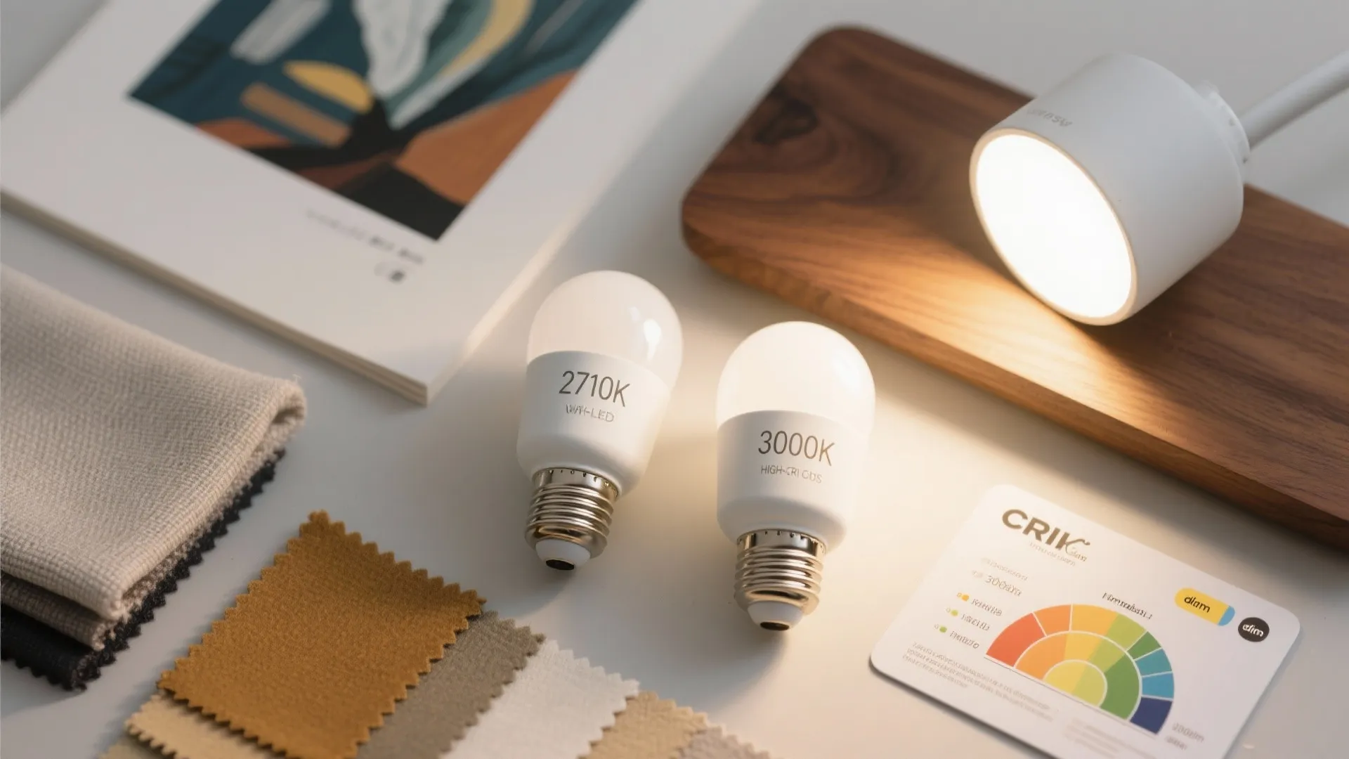 Flatlay of 2700K and 3000K high-CRI LED bulbs with fabric, art, and wood samples showing color accuracy.