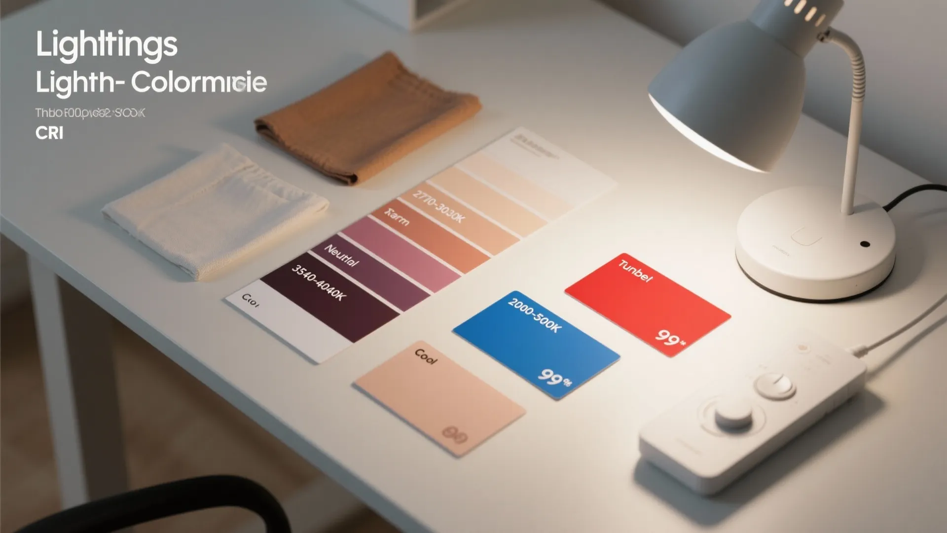 Flat lay illustrating warm, neutral, and cool CCT ranges with material swatches and a tunable desk lamp.