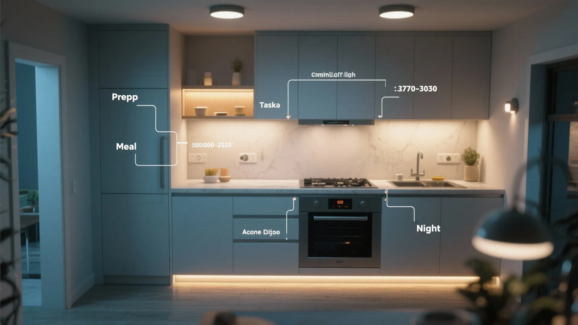 Kitchen room layout showing different light fixture settings for cooking and night time scene design