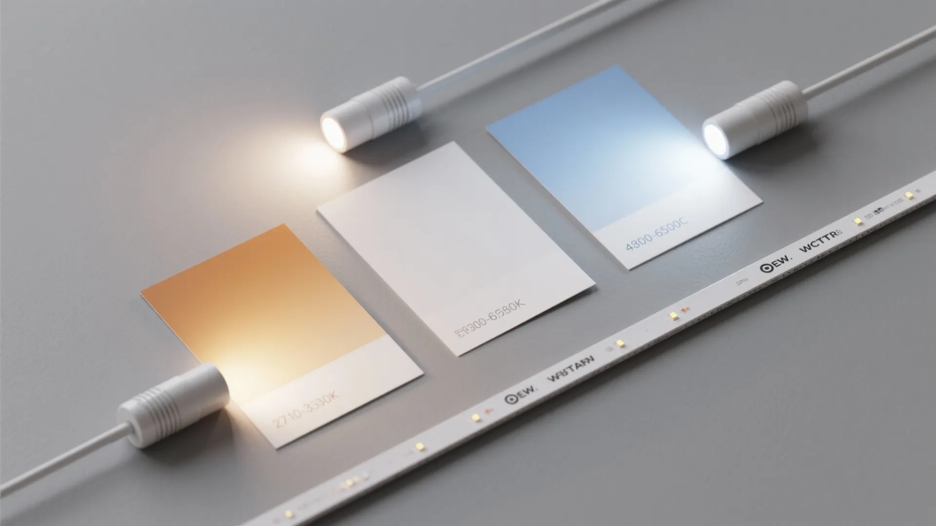 Three small light fixtures showing different color temperatures on colored cards and a LED strip light