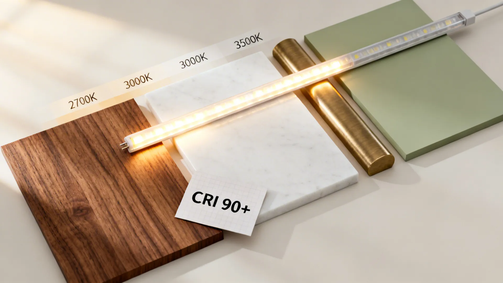 Flat lay showing 2700K, 3000K, and 3500K light on walnut, white quartz, brass, and sage paint.