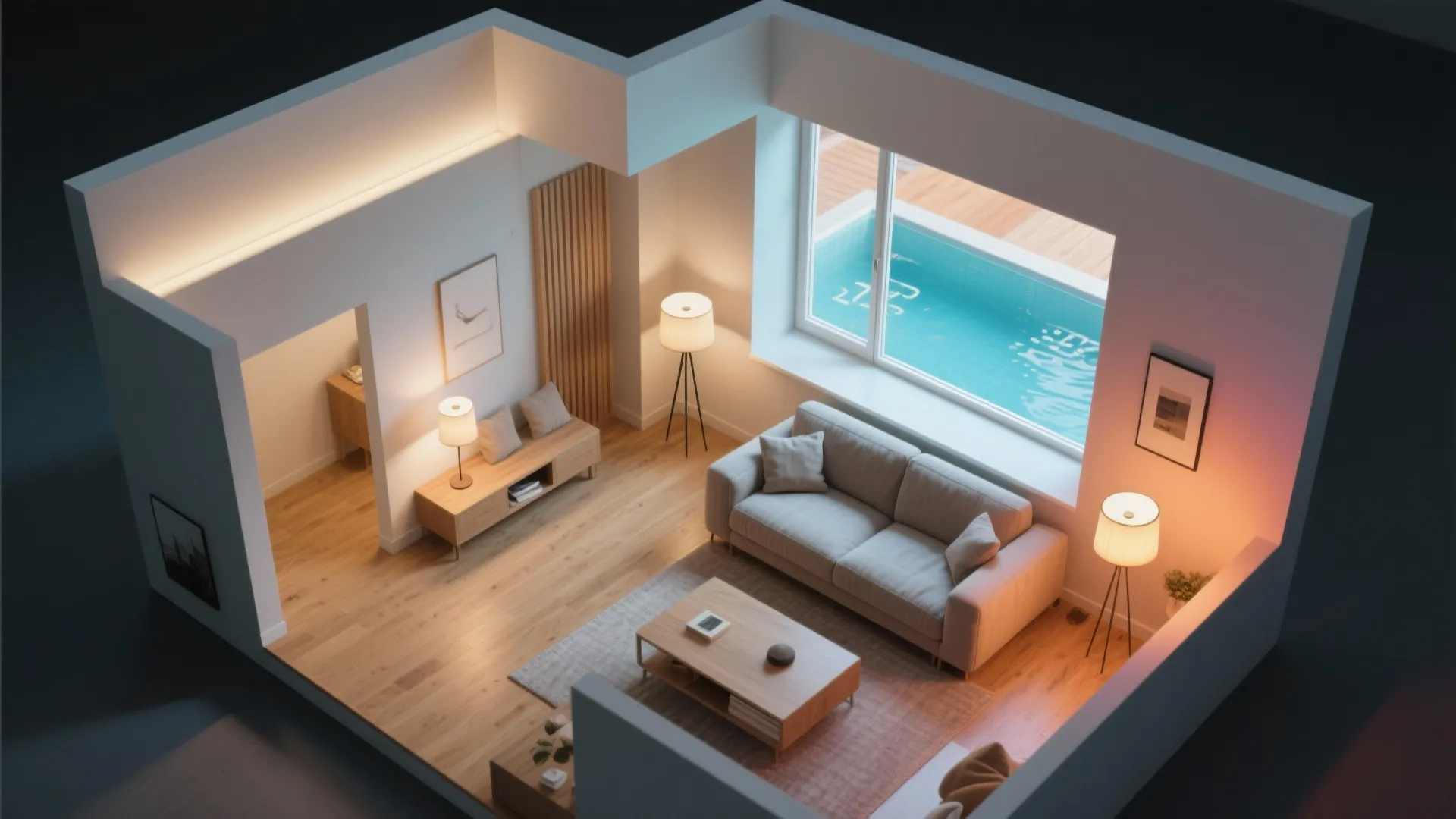 Modern interior design drawing showing living room with grey sofa wooden floor and outdoor swimming pool