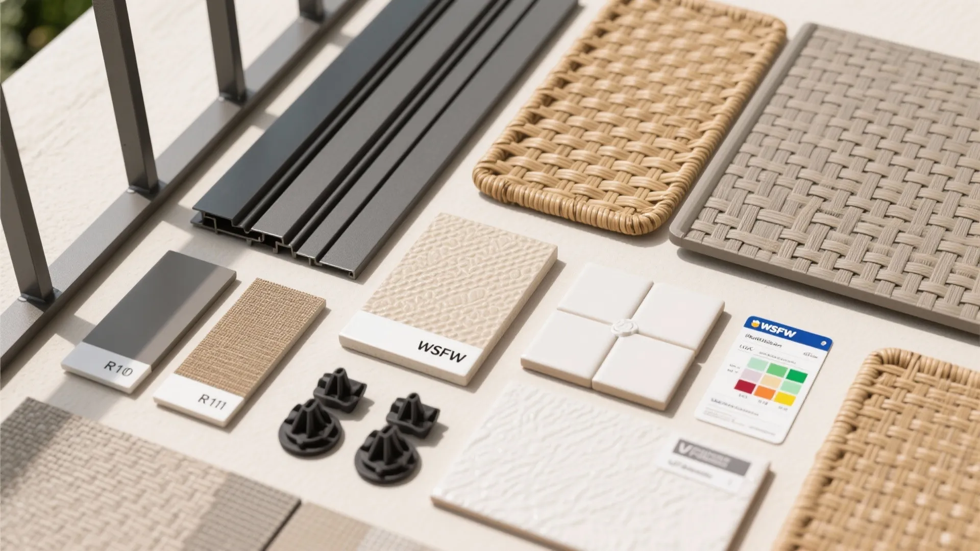 Flat lay of powder-coated aluminum, synthetic rattan, and anti-slip porcelain tile samples.