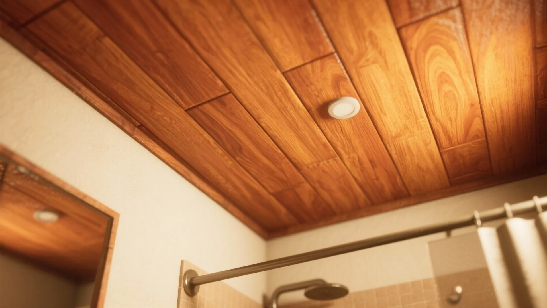 Modern bathroom interior design drawing with brown wood panel ceiling small white light and shower