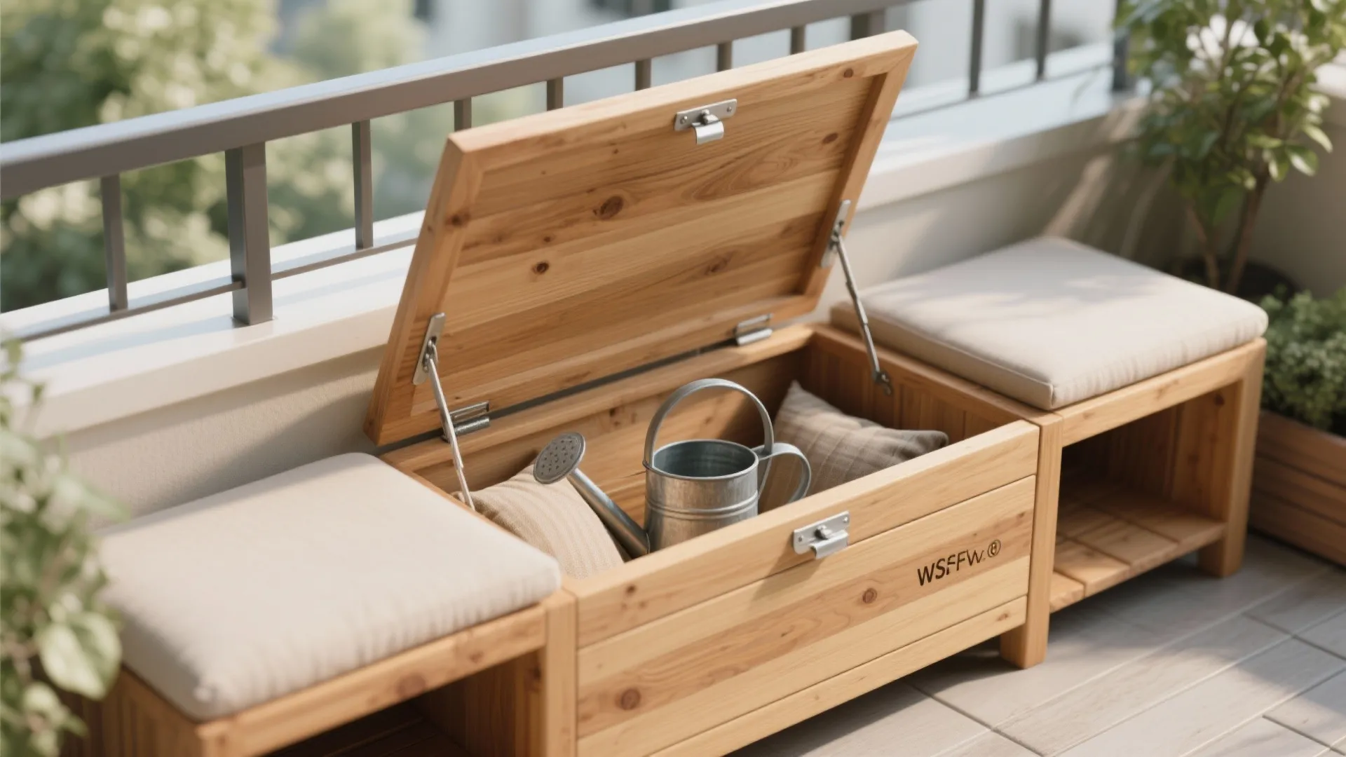 Macro view of a cedar balcony storage bench with stainless hinges and neatly stored cushions.