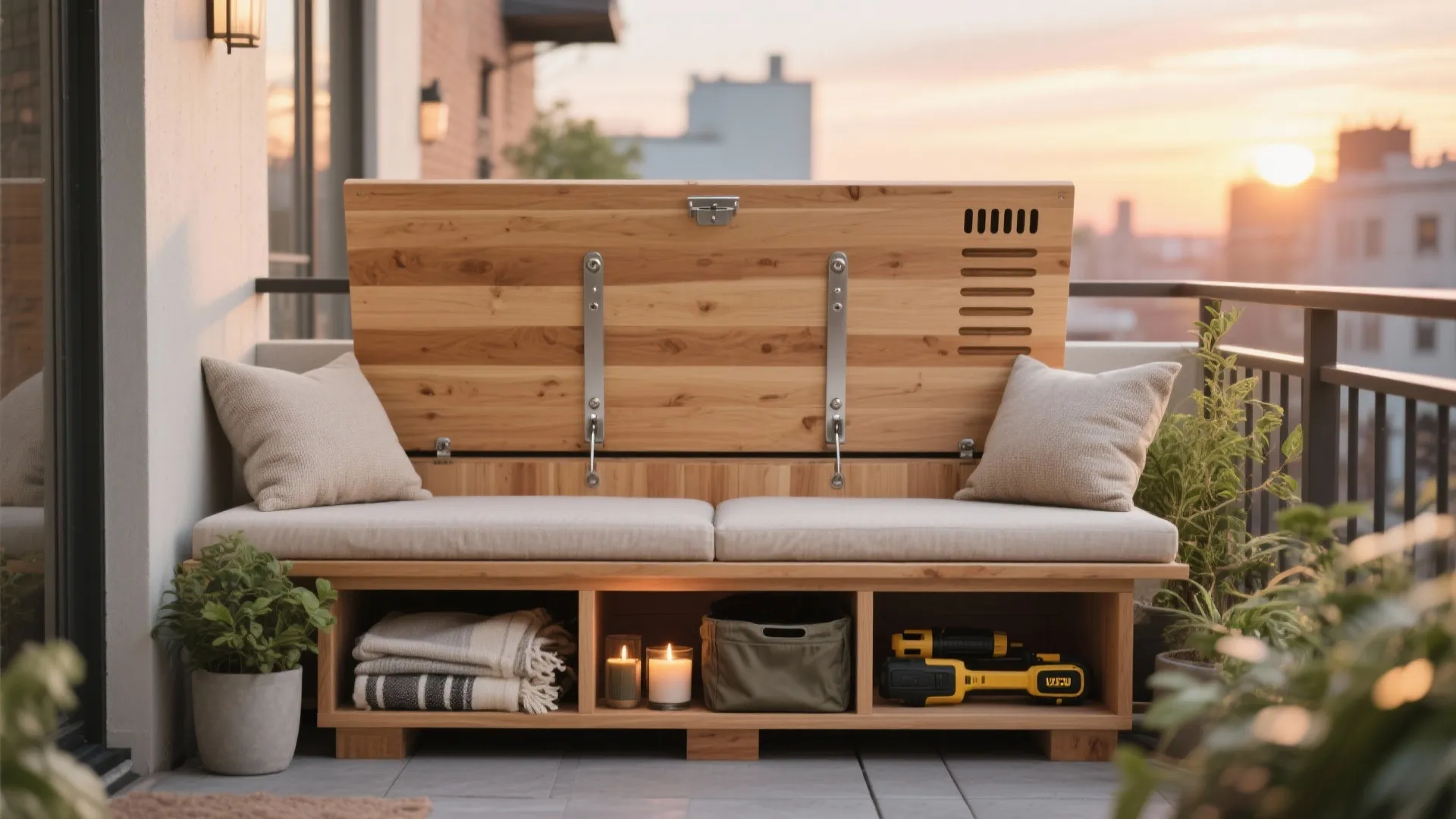 Cedar storage bench with lift-up lids, vents, and waterproof liner on a small balcony at sunset.