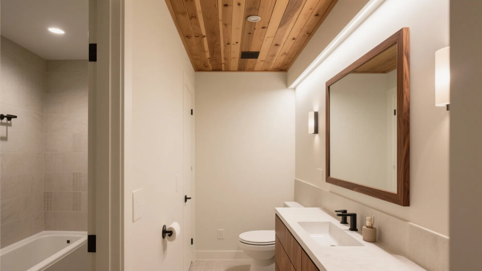 Small bathroom with a cedar plank ceiling and a slim walnut framed mirror.