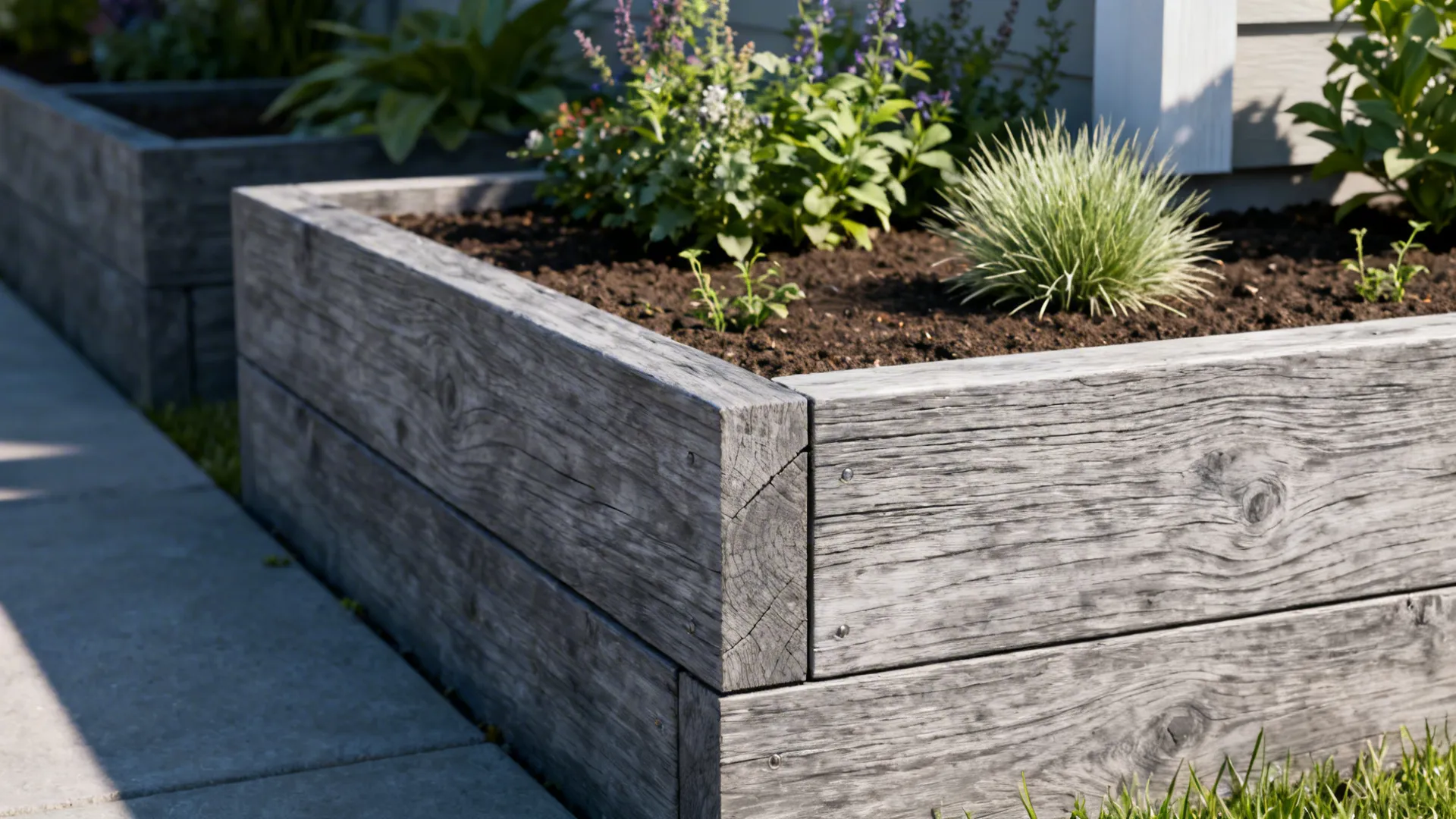 Cedar raised planter with tidy perennials and ornamental grass, wood grain visible