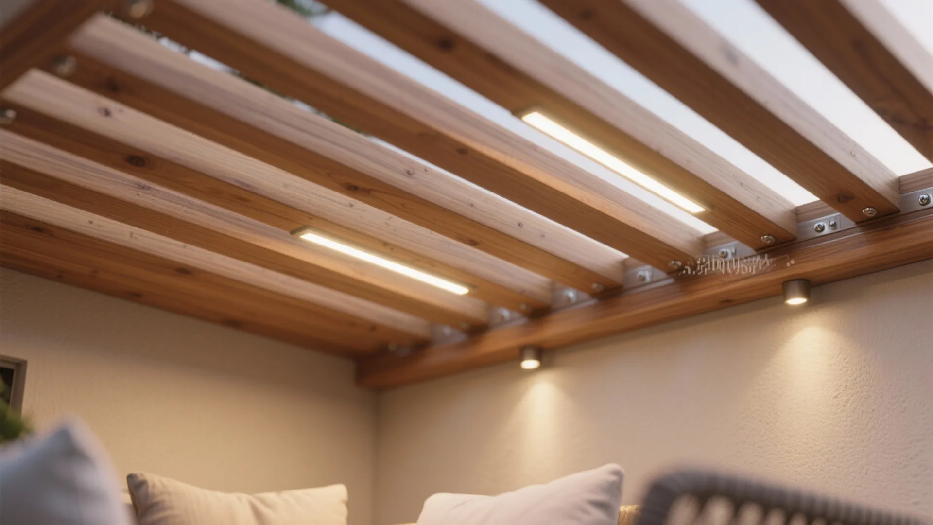 Macro of cedar ceiling slats with concealed warm LED lighting on a covered balcony.