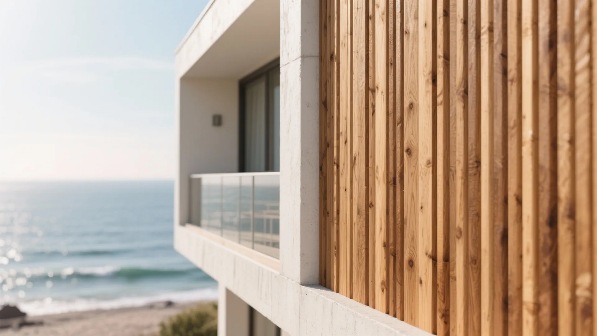 Modern white balcony with wood wall panels overlooking a blue ocean under a clear sky